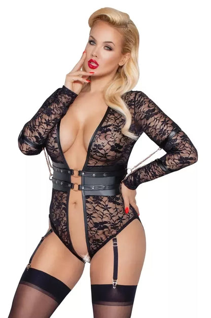 Cottelli Bondage Body 3XL nėriniuotas ilgomis rankovėmis su rožinio aukso spalvos detalėmis