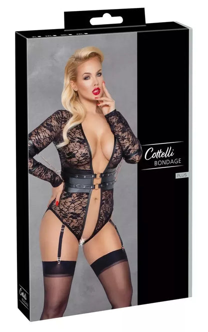 Cottelli Bondage Body 3XL nėriniuotas ilgomis rankovėmis su rožinio aukso spalvos detalėmis