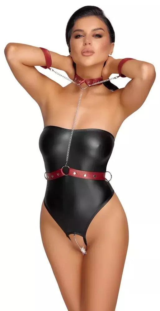 Cottelli Bondage Body M juodas matinis su nuimamu raudonu diržu