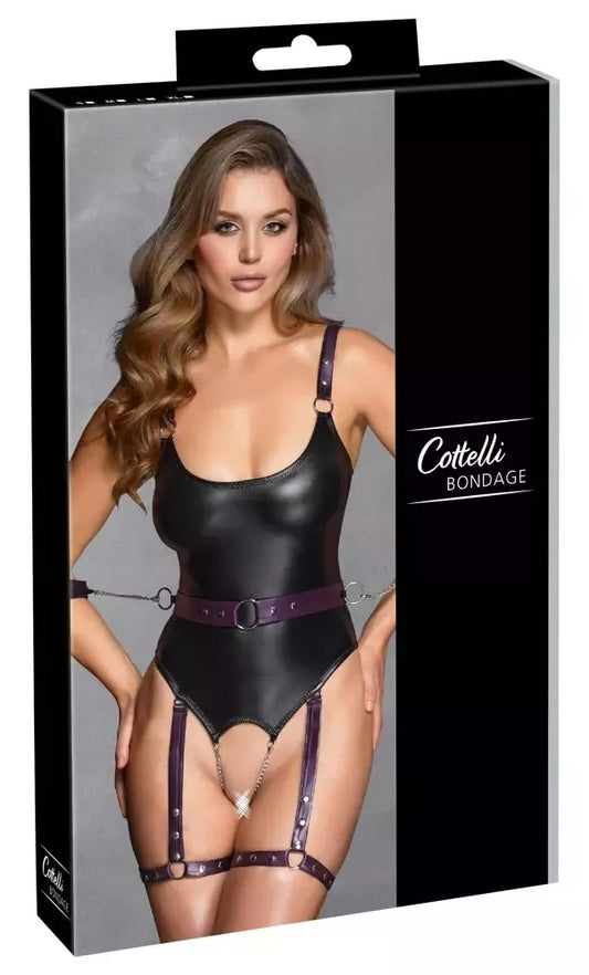 Cottelli Bondage Body M, matinis juodas ir purpurinis, reguliuojamas, su rankų suvaržymais