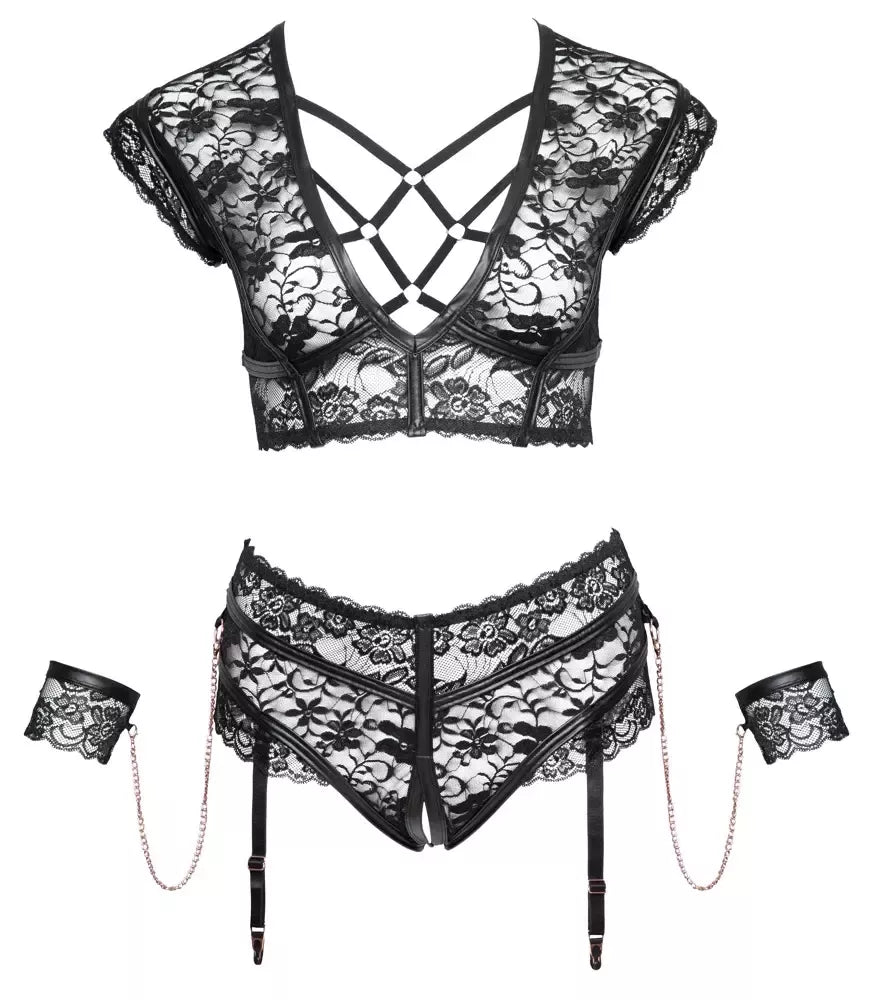 Cottelli Bondage Bra Set 4XL nėriniuotas komplektas su rožinio aukso akcentais