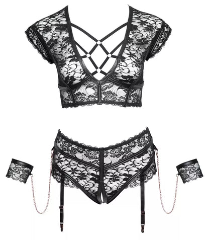 Cottelli Bondage Bra Set 4XL nėriniuotas komplektas su rožinio aukso akcentais