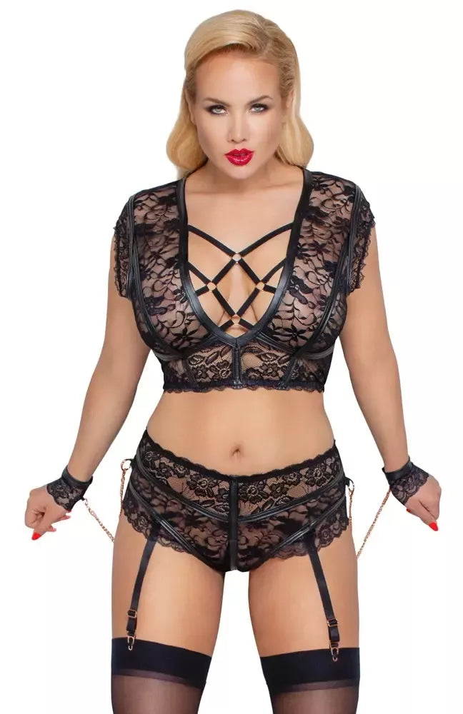 Cottelli Bondage Bra Set 4XL nėriniuotas komplektas su rožinio aukso akcentais