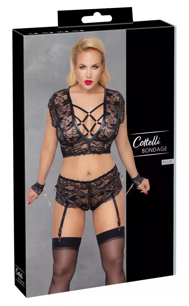 Cottelli Bondage Bra Set 4XL nėriniuotas komplektas su rožinio aukso akcentais