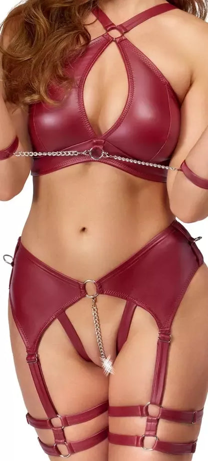 Cottelli Bondage Bra Set L tamsiai raudonas matinis su reguliuojamais antrankiais