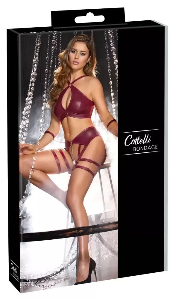 Cottelli Bondage Bra Set L tamsiai raudonas matinis su reguliuojamais antrankiais
