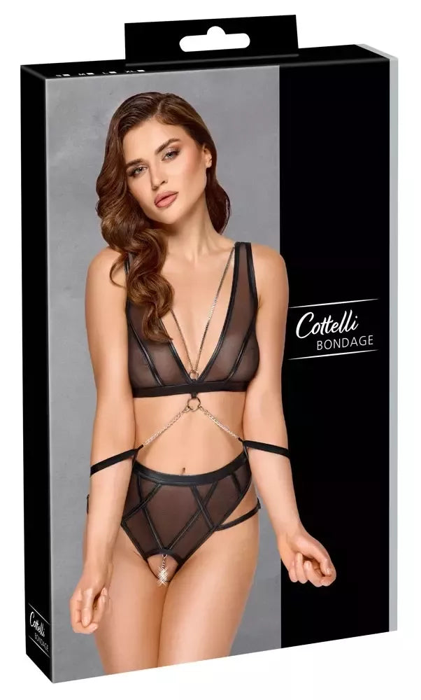 Cottelli Bondage Bra Set S – reguliuojamas „powernet“ apatinio trikotažo rinkinys su antrankiais