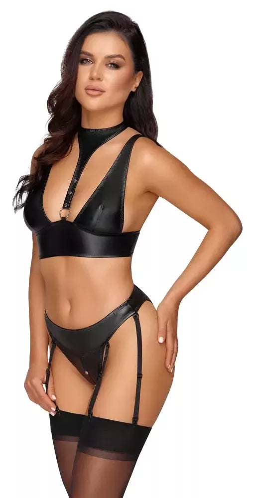 Cottelli Bondage Bra Set XL juodas matinis – reguliuojami diržai ir rankogaliai