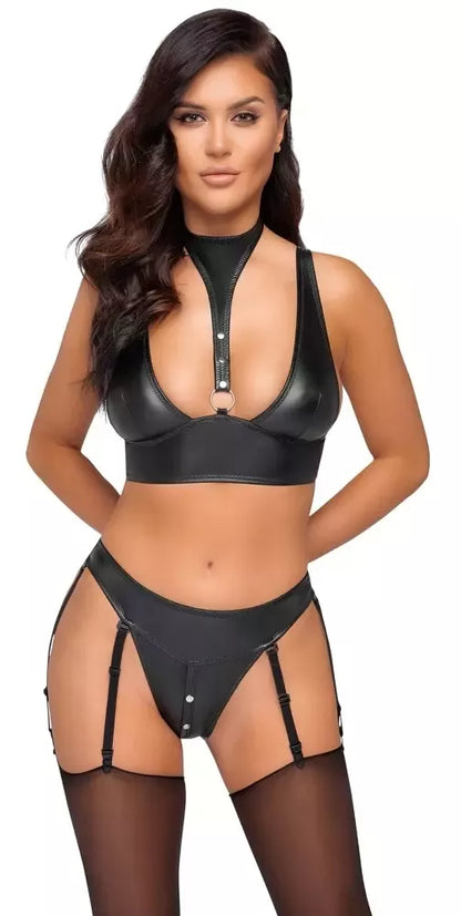Cottelli Bondage Bra Set XL juodas matinis – reguliuojami diržai ir rankogaliai