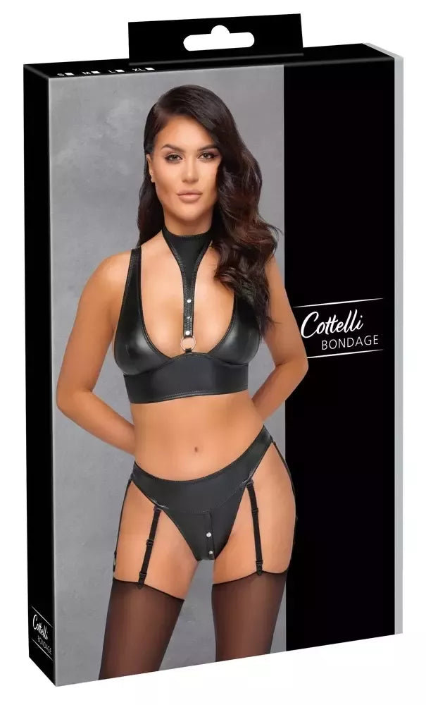 Cottelli Bondage Bra Set XL juodas matinis – reguliuojami diržai ir rankogaliai