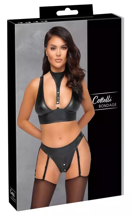 Cottelli Bondage Bra Set XL juodas matinis – reguliuojami diržai ir rankogaliai
