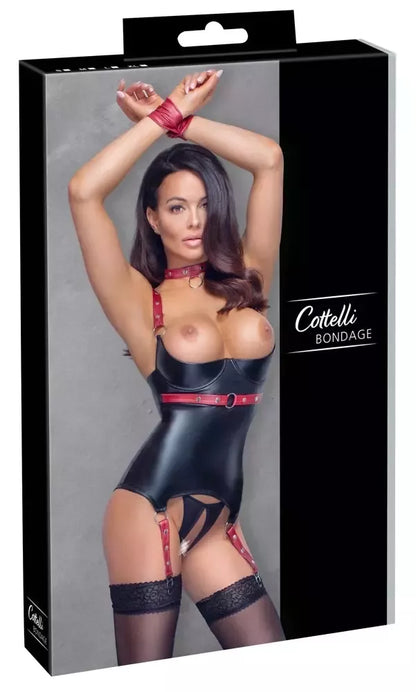 Cottelli BONDAGE korsetinis komplektas juodos/raudonos spalvos L dydžio su antkakliu ir antrankiais