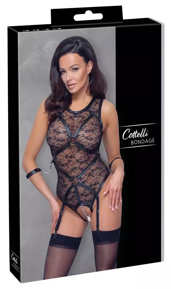 Cottelli BONDAGE kūno kostiumėlis, XL dydis, juodas – nėriniai ir matinės detalės, diržai, suvaržymai