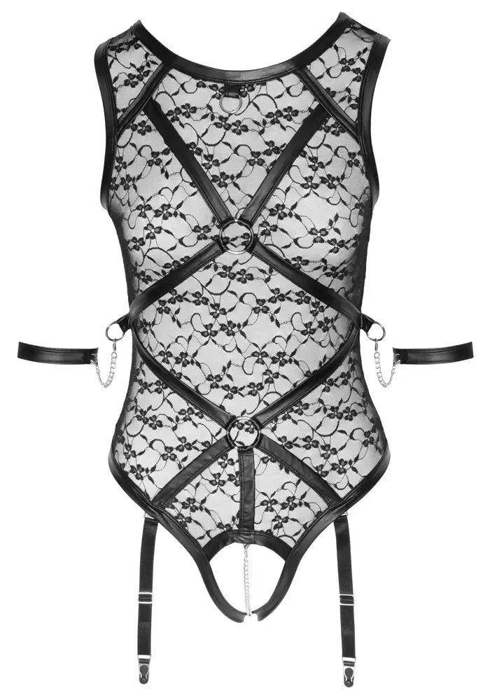 Cottelli BONDAGE kūno kostiumėlis, XL dydis, juodas – nėriniai ir matinės detalės, diržai, suvaržymai