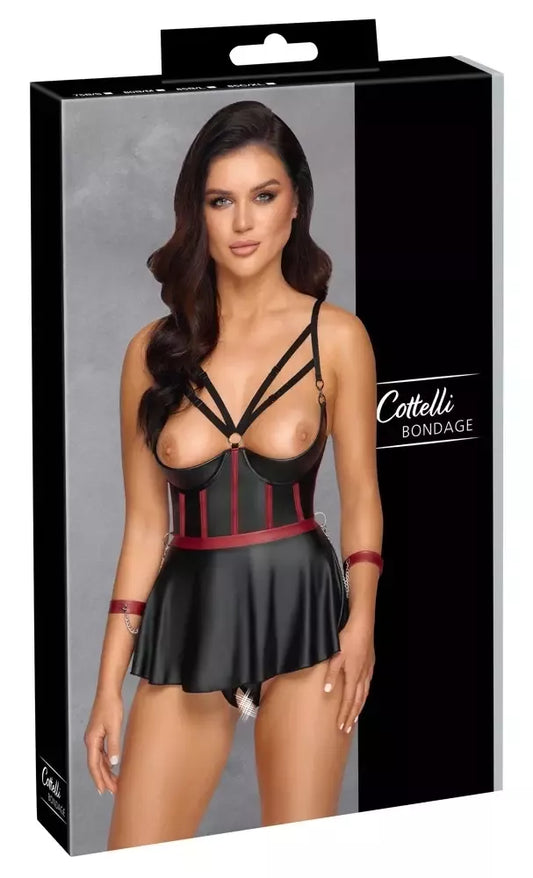 Cottelli Bondage Lift Bra Set 80B/M juodos-raudonos spalvos, su reguliuojamais rankų raiščiais