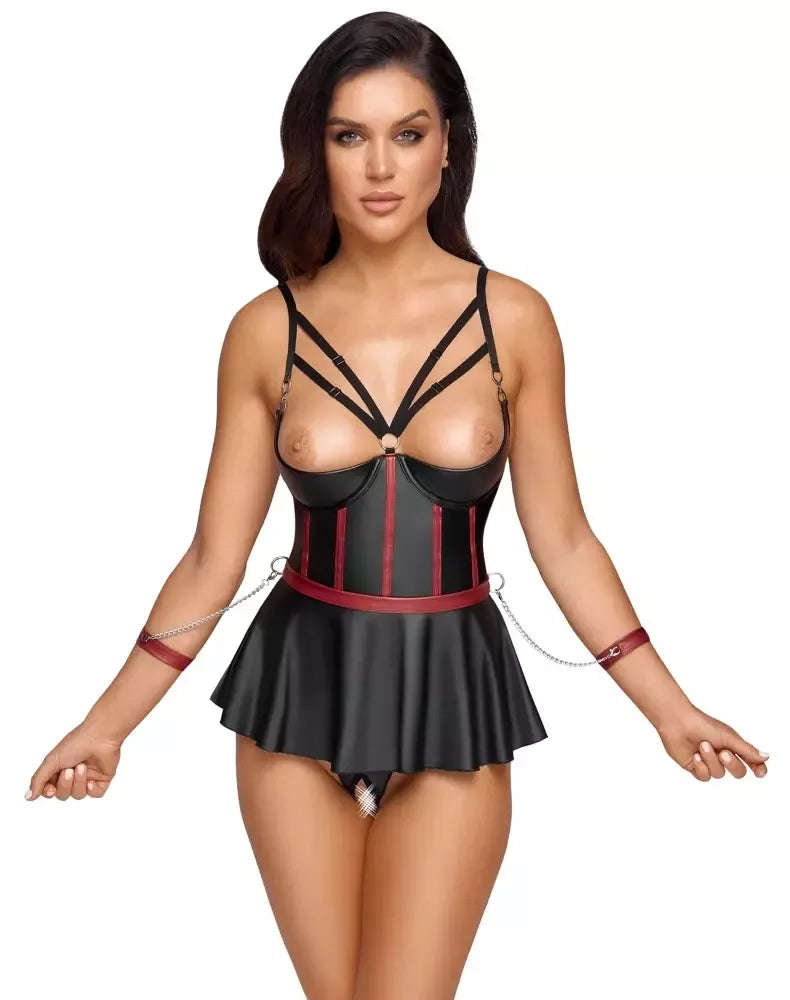 Cottelli Bondage Lift Bra Set 80B/M juodos-raudonos spalvos, su reguliuojamais rankų raiščiais