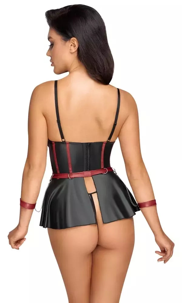 Cottelli Bondage Lift Bra Set 80B/M juodos-raudonos spalvos, su reguliuojamais rankų raiščiais