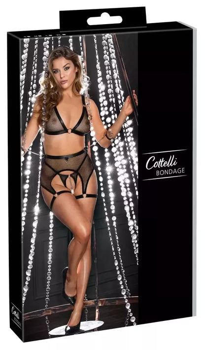 Cottelli Bondage Lingerie Set XL – tinklelis ir matinė išvaizda, reguliuojami antrankiai