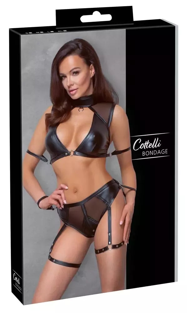 Cottelli BONDAGE matinės juodos spalvos viršutinės dalies ir kelnaičių rinkinys su suvaržymo sistema XL