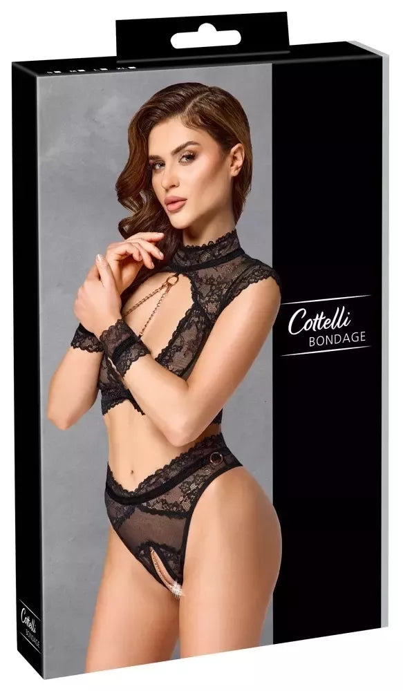 Cottelli BONDAGE nėriniuotas komplektas XL su nuimama grandinėle ir rankų suvaržymais
