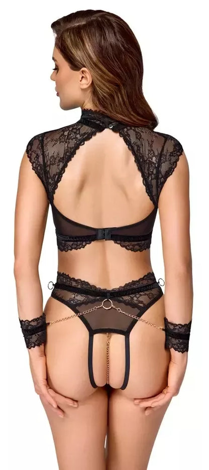 Cottelli BONDAGE nėriniuotas komplektas XL su nuimama grandinėle ir rankų suvaržymais