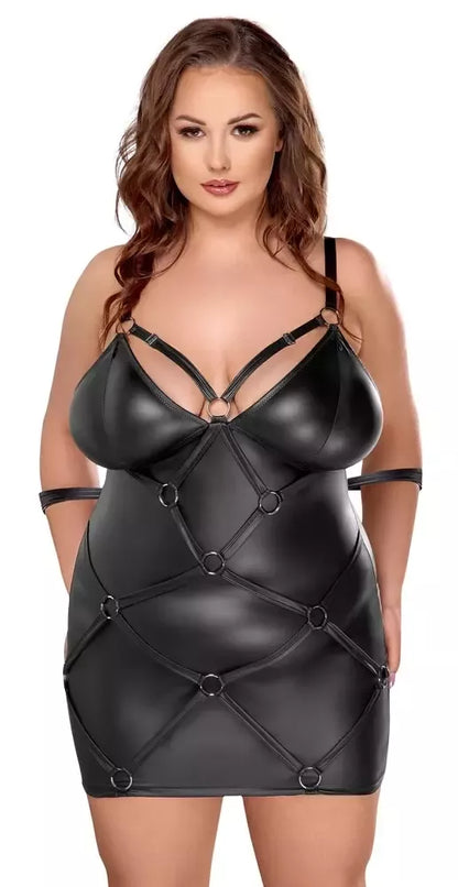 Cottelli Bondage Plus 4XL matinės juodos spalvos suknelės ir reguliuojamų rankogalių rinkinys