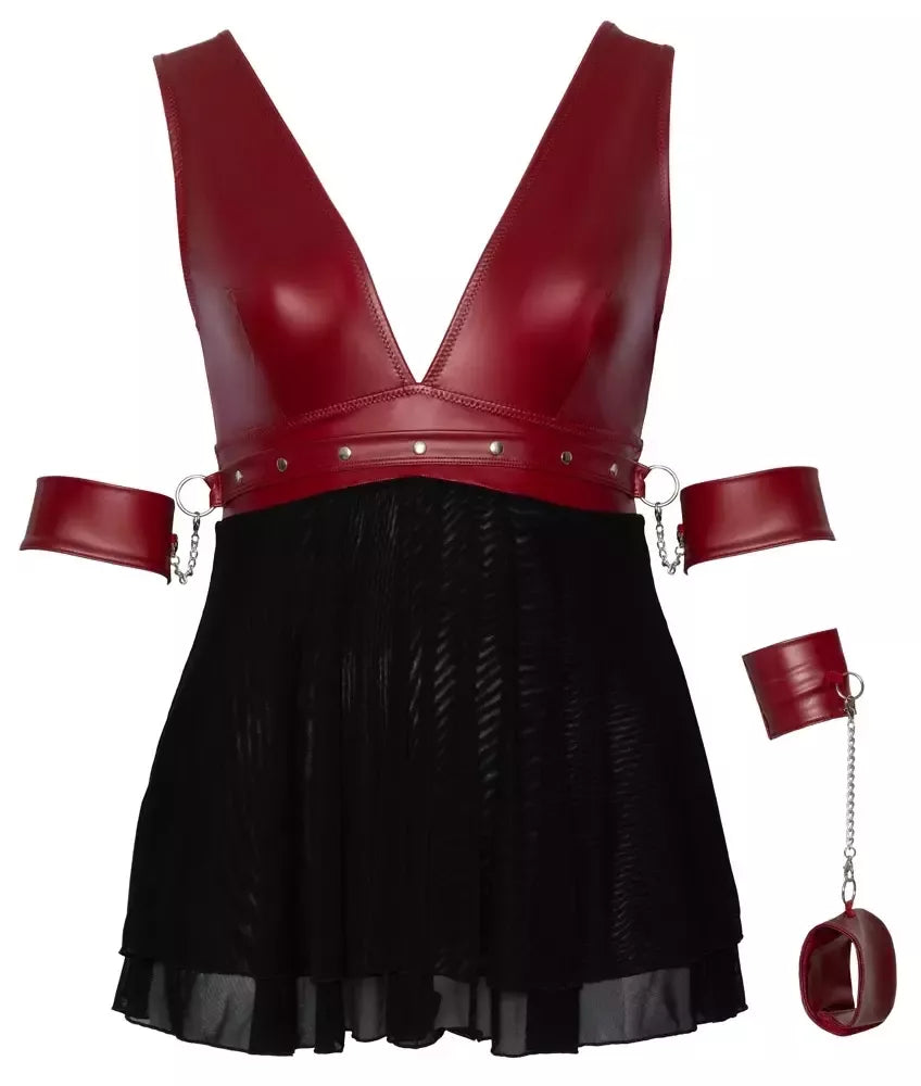 Cottelli Bondage Plus Babydoll Red 3XL su reguliuojamais dirželiais ir Powernet audiniu