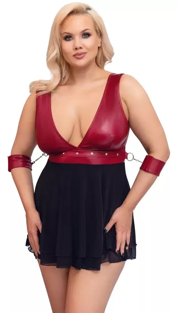 Cottelli Bondage Plus Babydoll Red 3XL su reguliuojamais dirželiais ir Powernet audiniu