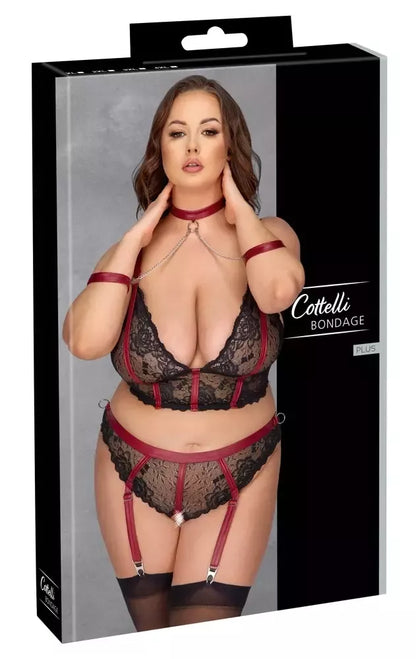 Cottelli Bondage Plus Lace Set XL – ilga liemenėlė ir aksesuarai, juoda/raudona