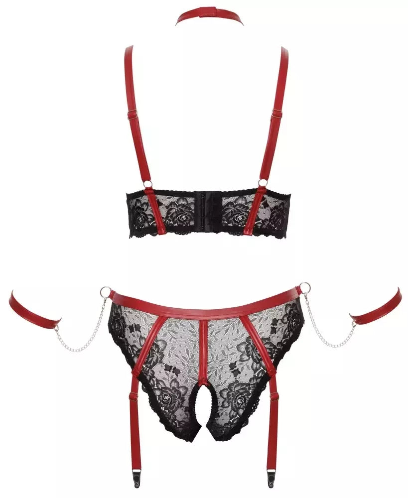 Cottelli Bondage Plus Lace Set XL – ilga liemenėlė ir aksesuarai, juoda/raudona