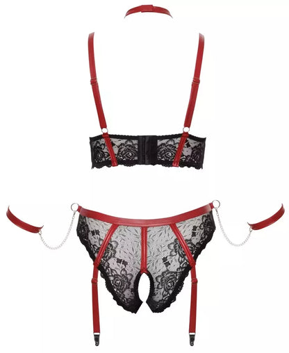 Cottelli Bondage Plus Lace Set XL – ilga liemenėlė ir aksesuarai, juoda/raudona