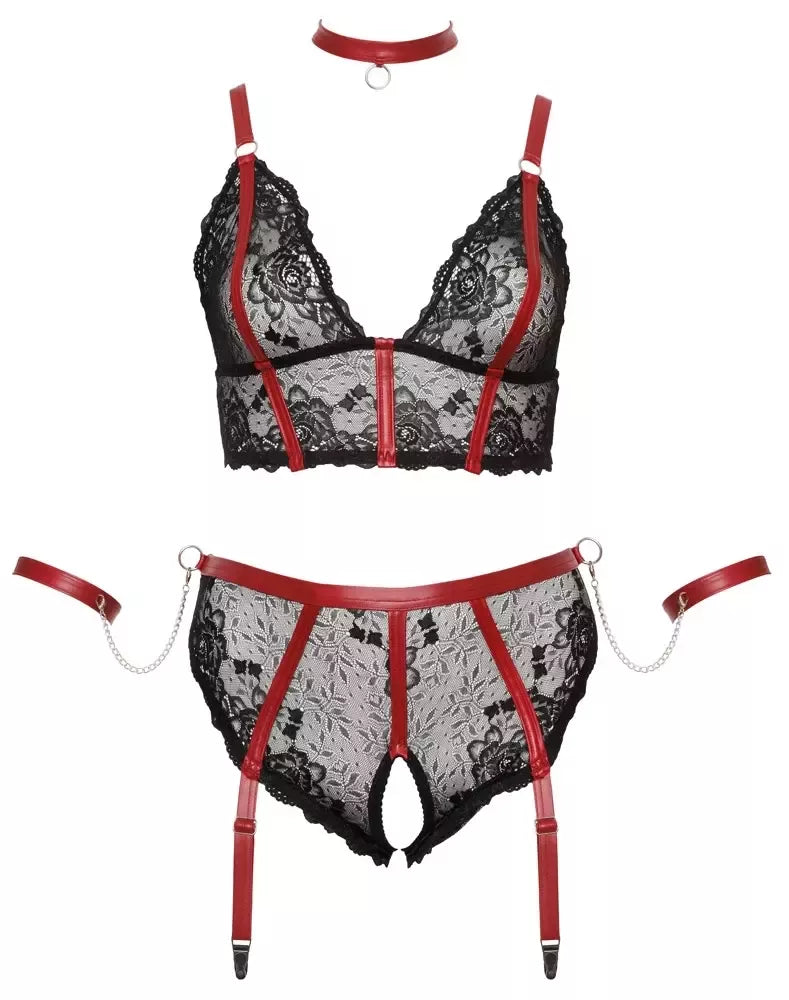 Cottelli Bondage Plus Lace Set XL – ilga liemenėlė ir aksesuarai, juoda/raudona