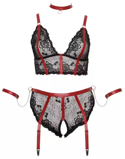 Cottelli Bondage Plus Lace Set XL – ilga liemenėlė ir aksesuarai, juoda/raudona
