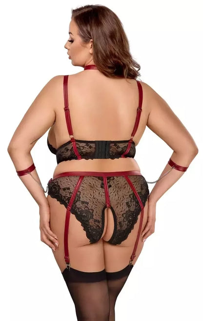 Cottelli Bondage Plus Lace Set XL – ilga liemenėlė ir aksesuarai, juoda/raudona