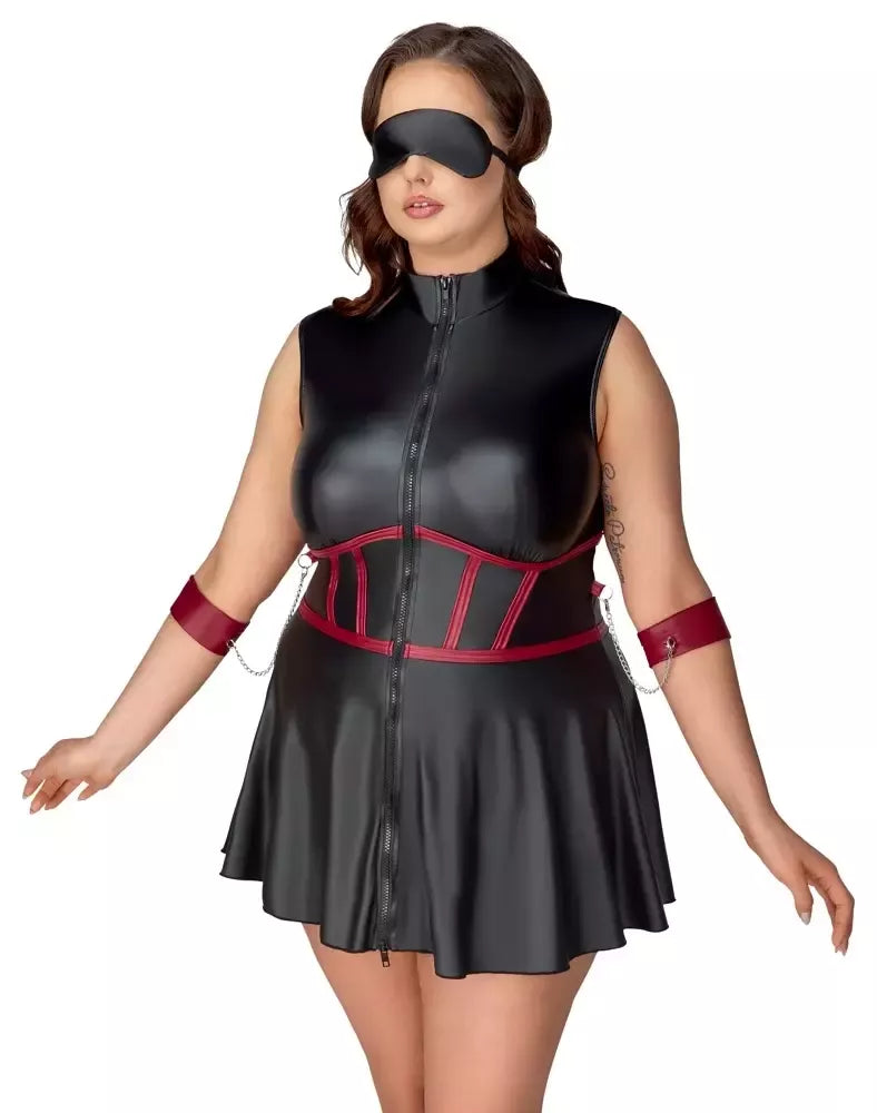 Cottelli Bondage Plus suknelė XL – matinė juoda, reguliuojami rankų rankogaliai, kaukė