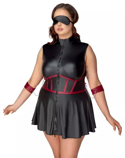 Cottelli Bondage Plus suknelė XL – matinė juoda, reguliuojami rankų rankogaliai, kaukė