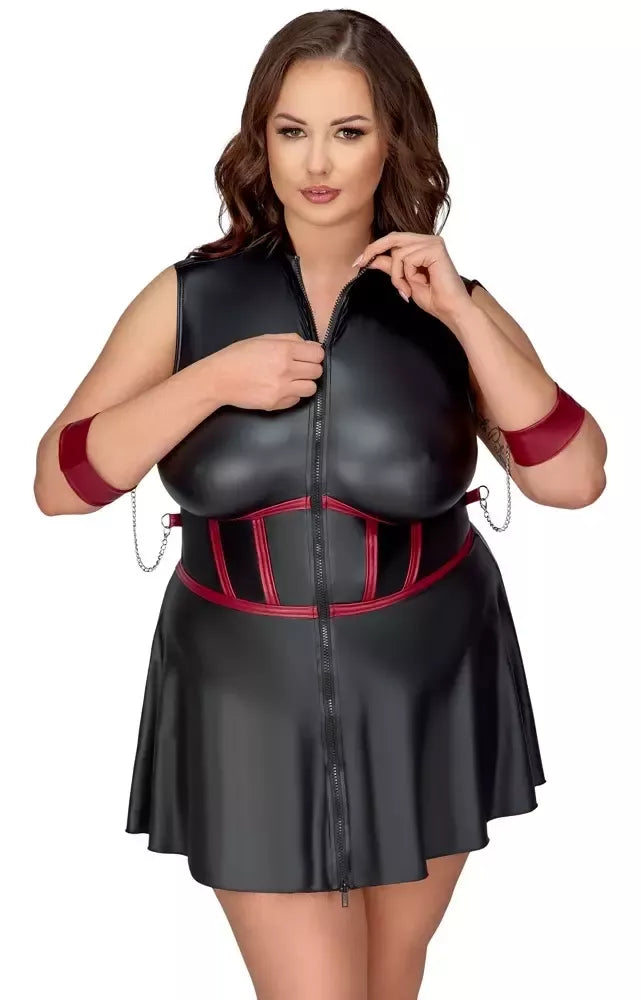 Cottelli Bondage Plus suknelė XL – matinė juoda, reguliuojami rankų rankogaliai, kaukė