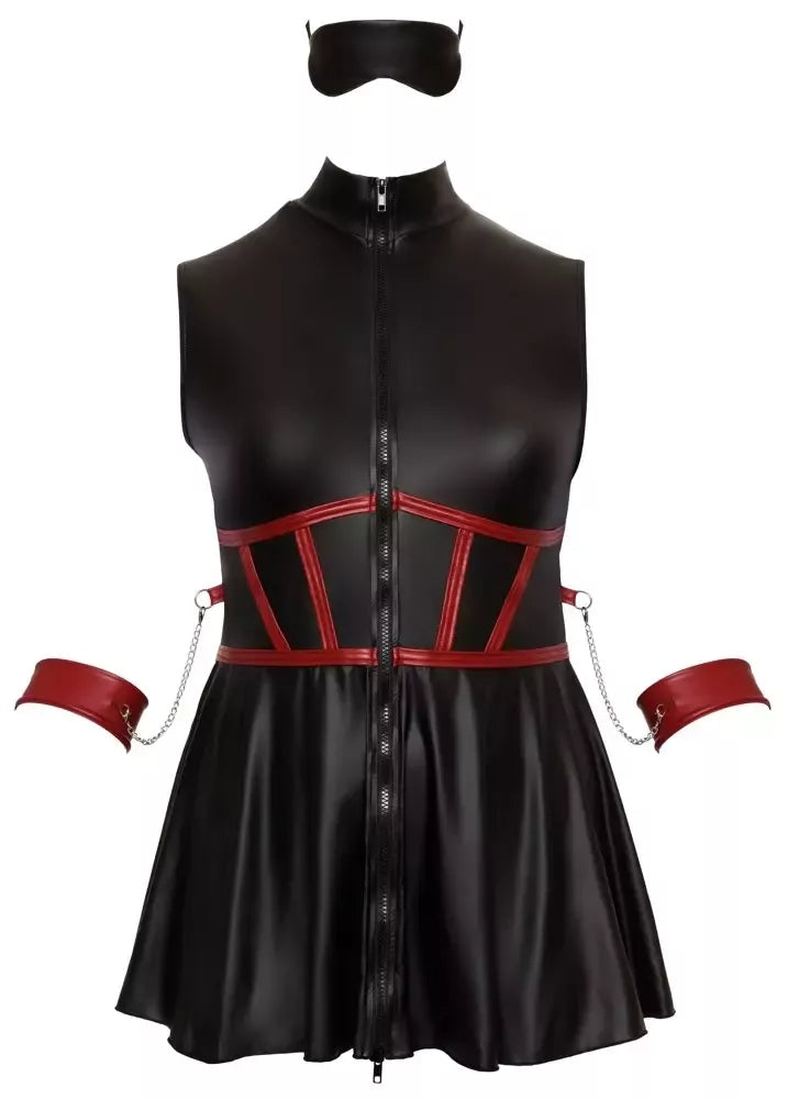 Cottelli Bondage Plus suknelė XL – matinė juoda, reguliuojami rankų rankogaliai, kaukė