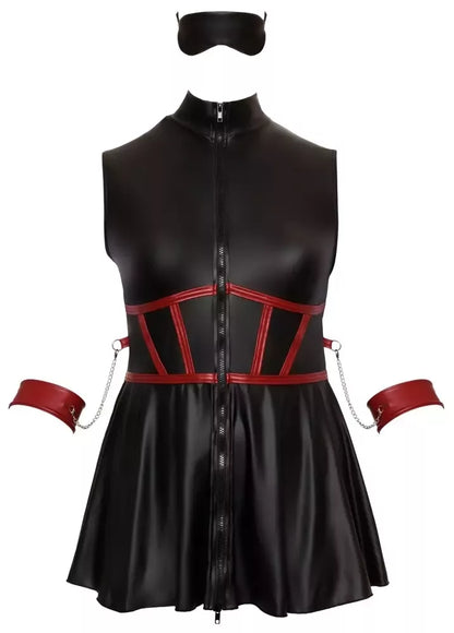 Cottelli Bondage Plus suknelė XL – matinė juoda, reguliuojami rankų rankogaliai, kaukė