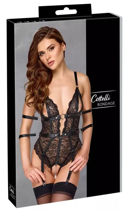 Cottelli BONDAGE S – juodas nėriniuotas bodis su suvaržymo sistema, dydis S