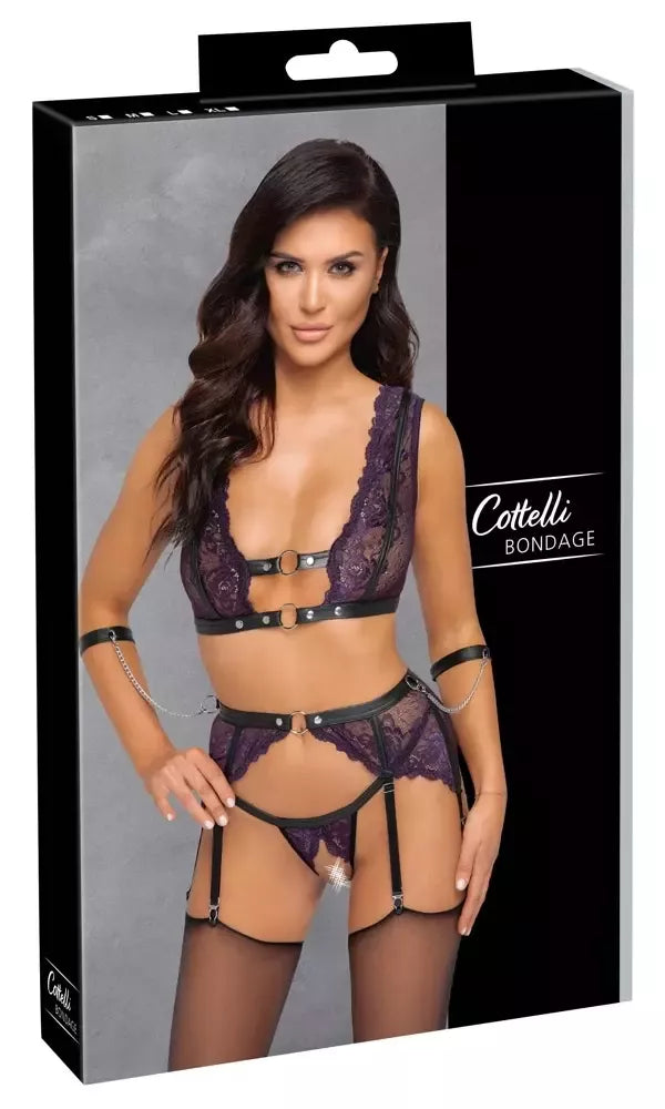 Cottelli Bondage setas L – violetinė nėriniuota liemenėlė, keliaraiščių diržas ir riešų rankogaliai