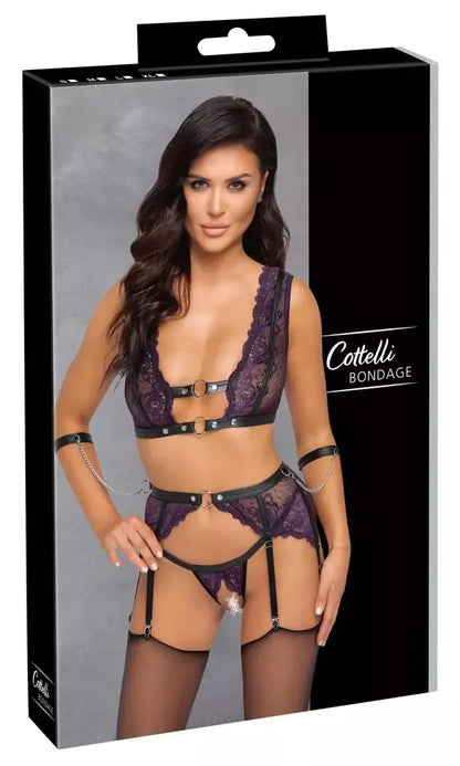 Cottelli Bondage setas L – violetinė nėriniuota liemenėlė, keliaraiščių diržas ir riešų rankogaliai