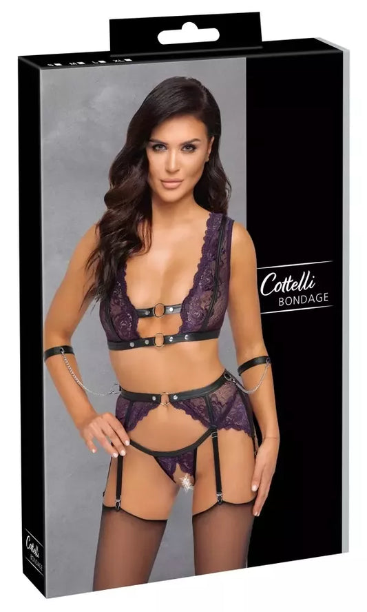 Cottelli Bondage setas L – violetinė nėriniuota liemenėlė, keliaraiščių diržas ir riešų rankogaliai