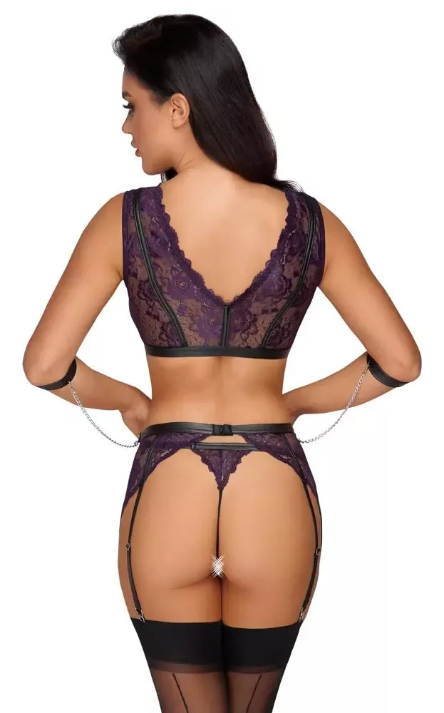 Cottelli Bondage setas L – violetinė nėriniuota liemenėlė, keliaraiščių diržas ir riešų rankogaliai