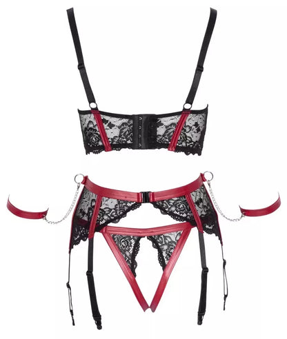 Cottelli Bondage Shelf Bra rinkinys, juodas/raudonas L – Nėriniuotas ir matinis apatinis trikotažas