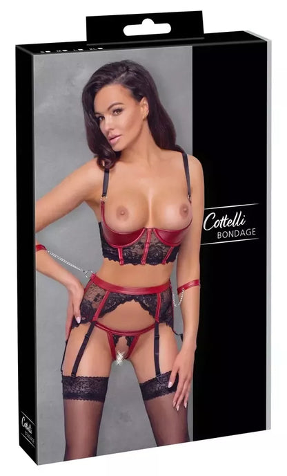 Cottelli Bondage Shelf Bra rinkinys, juodas/raudonas L – Nėriniuotas ir matinis apatinis trikotažas