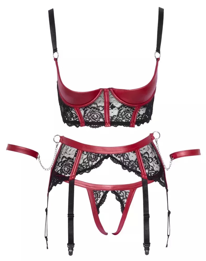 Cottelli Bondage Shelf Bra rinkinys, juodas/raudonas, M dydis – nėriniai ir matinė apdaila