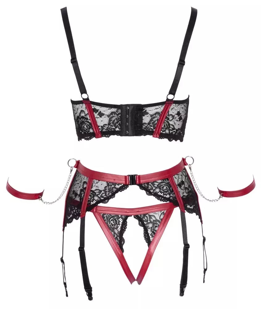 Cottelli Bondage Shelf Bra rinkinys, juodas/raudonas, M dydis – nėriniai ir matinė apdaila