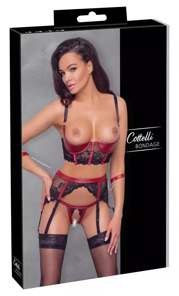 Cottelli Bondage Shelf Bra rinkinys, juodas/raudonas, M dydis – nėriniai ir matinė apdaila