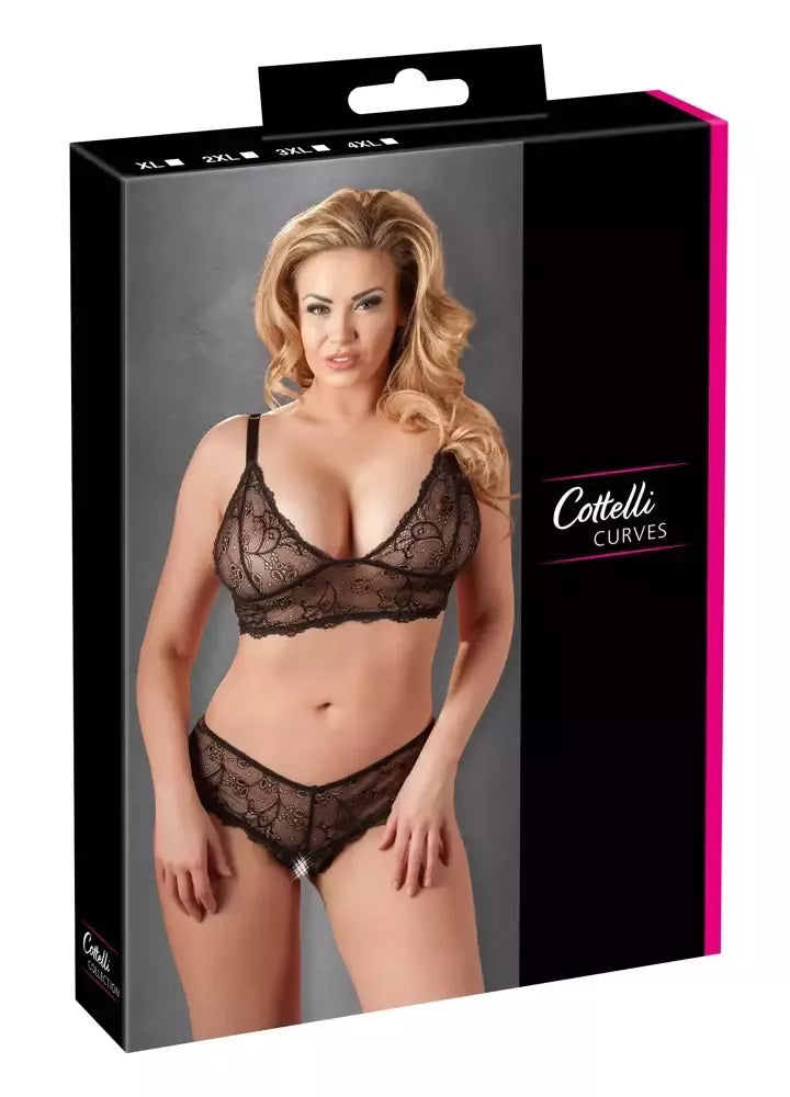 „Cottelli Collection“ apatinio trikotažo komplektas, juodas, 3XL – nėriniuota belaidė liemenėlė ir atviros kelnaitės